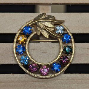 Vtg Signed SD 1/20 Gold Filled Circle Leaf Brooch Pin Multicolor Rhinestone 1.25